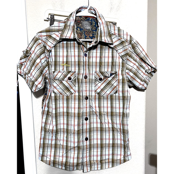 Spykar Shirt Mens L Camp Roll Tab Plaid Snap Western short sleeves Rodeo - Picture 1 of 11